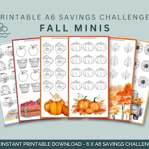 May include: Six A6 printable savings challenges with autumn-themed illustrations. Designs feature pumpkins, apples, leaves, and flowers. The image text reads "PRINTABLE A6 SAVINGS CHALLENGES FALL MINIS" and "INSTANT PRINTABLE DOWNLOAD - 6 X A6 SAVINGS CHALLENGES."