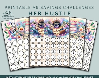 May include: A set of six A6 printable savings challenges, each with a unique design featuring illustrations of money, high heels, and flowers. The text "Her Hustle" is displayed at the top. Each card has circles for tracking savings.