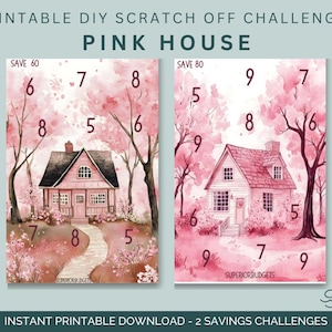 May include: Two printable pink house scratch-off savings challenges. Each features a watercolor illustration of a pink house surrounded by pink trees and numbers. The text at the top reads "PINK HOUSE". The bottom text reads "INSTANT PRINTABLE DOWNLOAD - 2 SAVINGS CHALLENGES".