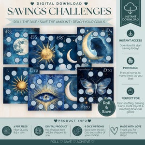 May include: A digital download savings challenge set featuring celestial and mystical illustrations including a moon, sun, eye, and moth. Each card displays circular spaces for tracking progress, labelled with dice values from D3 to D20, set against a dark blue starry background.
