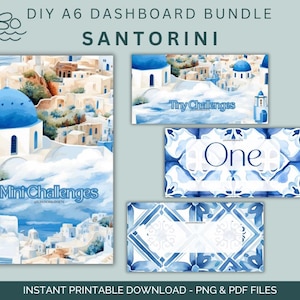 Puede incluir: Un paquete de tablero A6 DIY con ilustraciones de acuarela de Santorini. El diseño incluye iglesias con cúpulas azules y edificios blancos. El texto incluye "Mini Challenges", "Tiny Challenges" y "One". Archivos PNG y PDF imprimibles al instante.