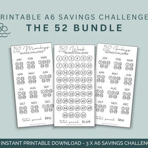Puede incluir: Tres desafíos de ahorro A6 imprimibles con un fondo turquesa. Los desafíos incluyen "52 Mondays", "52 Week" y "52 Fridays" con formato de calendario. Cada desafío tiene un monto total ahorrado. El texto "THE 52 BUNDLE" está en la parte superior.