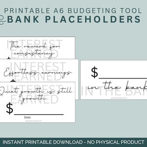 May include: Printable A6 budgeting tool with bank placeholders. The design features white cards with black text, including phrases like "The reward for consistency" and "Effortless earnings." One card reads "£ in the bank." The text "Instant Printable Download - No Physical Product" is also included.