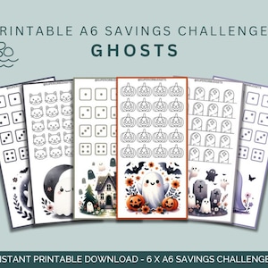 May include: A collection of six printable A6 savings challenges with a Halloween theme. Each design features different illustrations, including dice, cat faces, pumpkins, ghosts, and tombstones. The text reads "PRINTABLE A6 SAVINGS CHALLENGES GHOSTS" and "INSTANT PRINTABLE DOWNLOAD - 6 X A6 SAVINGS CHALLENGES."