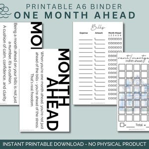 Pode incluir: Páginas de encadernador A6 imprimíveis com o texto "ONE MONTH AHEAD". As páginas incluem seções para contas, despesas e um rastreador de aluguel/hipoteca. O design é em preto e branco com um sotaque verde-azulado.
