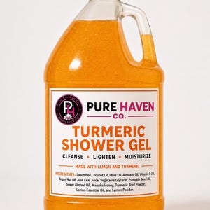 May include: A large, clear plastic bottle filled with bright orange turmeric shower gel. The label reads "Pure Haven Co. Turmeric Shower Gel" with ingredients listed. The bottle has a white cap and a handle for easy pouring.