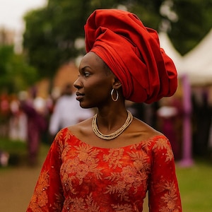 May include: A woman in a red head wrap and a matching off-the-shoulder dress with gold floral embroidery. She wears gold hoop earrings and a layered gold necklace. The background is blurred, suggesting an outdoor event or gathering.