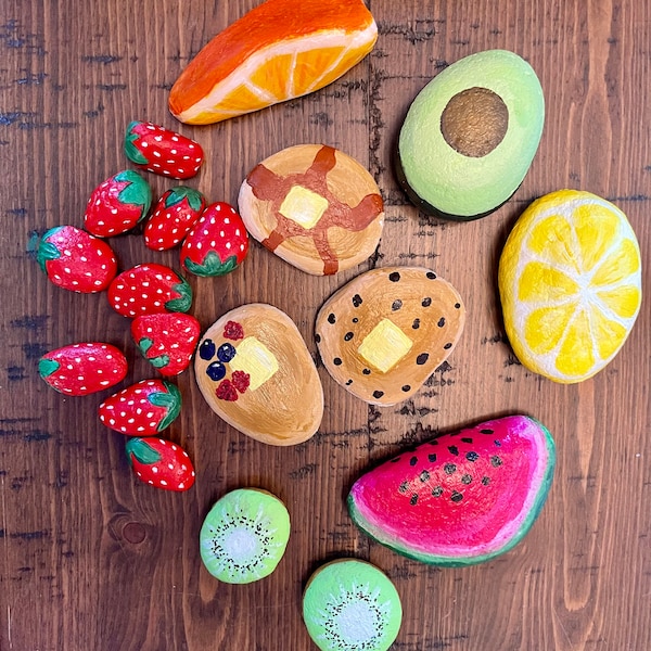 Play food, mud kitchen, painted rocks