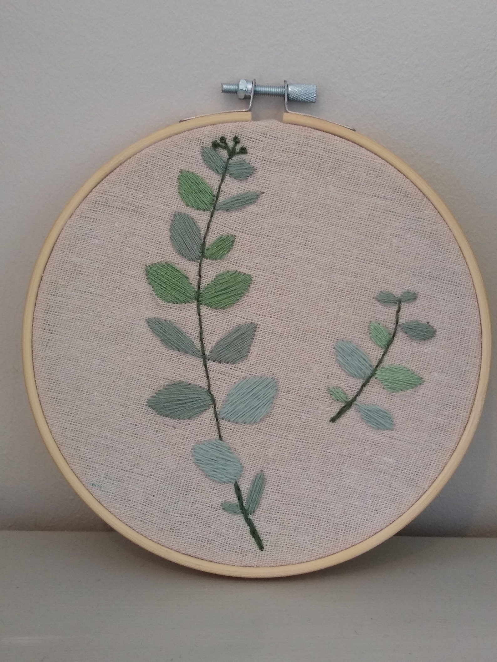 Eucalyptus leaf embroidery in its wooden circle Etsy