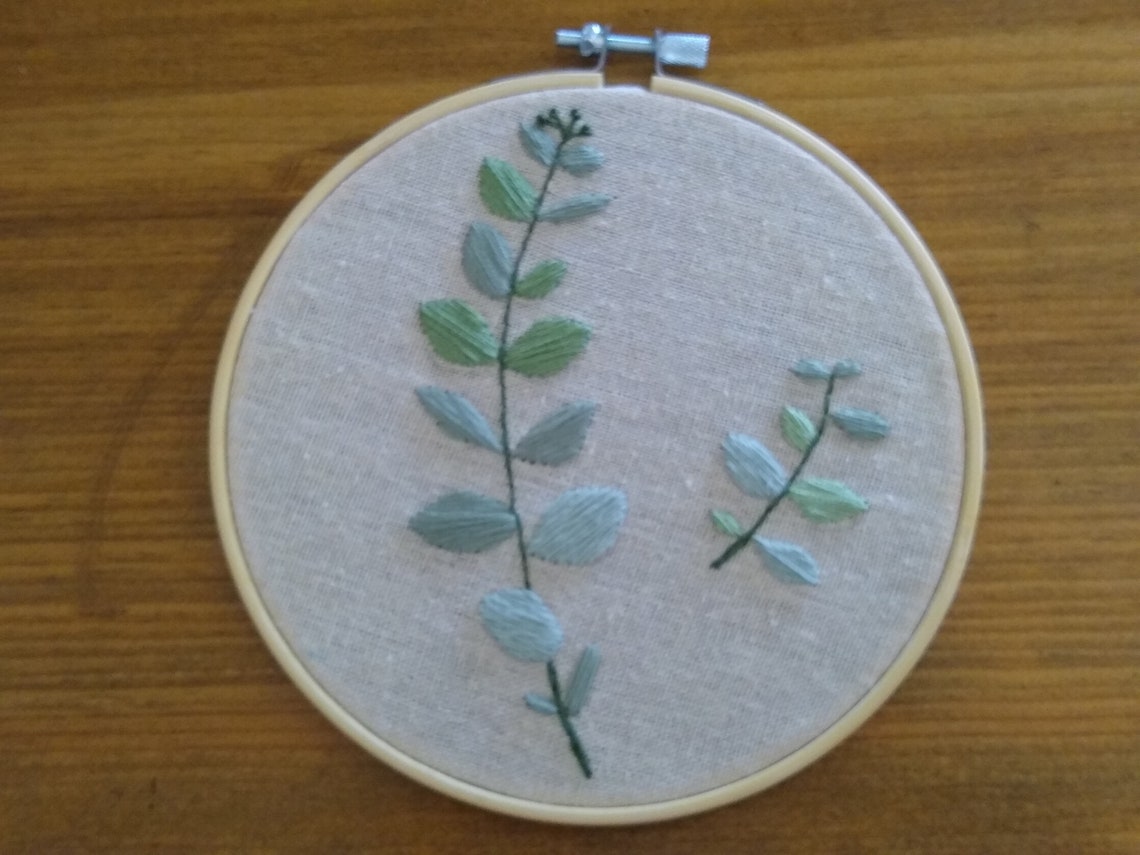 Eucalyptus leaf embroidery in its wooden circle Etsy