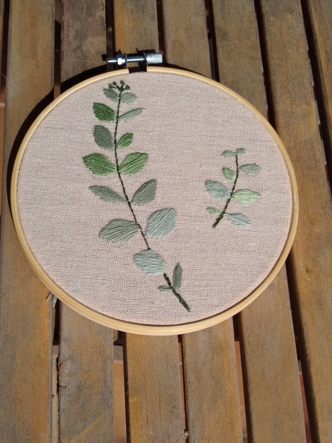 Eucalyptus leaf embroidery in its wooden circle Etsy