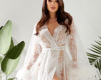 Sheer Glitter Bridal Robe with Ostrich Feathers, Wedding Getting Ready Gown