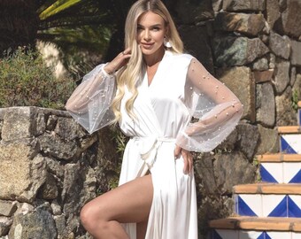 Pearl Bridal Robe with Long Sheer Sleeves — White Satin Wedding Robe