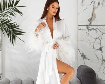 Bride Robe with Ostrich Feathers, Long White Lace Getting Ready Robe