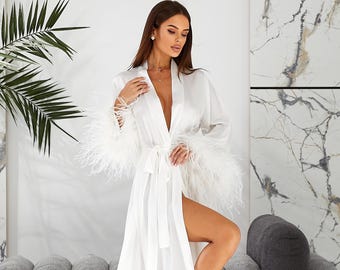White Silk Bridal Robe, Ostrich Feather Boudoir Wedding Gown, Bride Gift