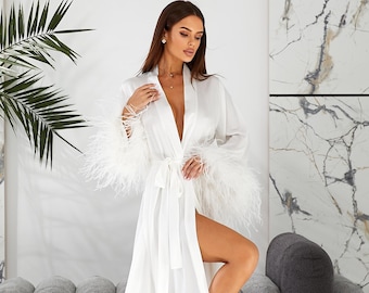 Ostrich Feather Bridal Robe, Sheer Satin Wedding Gown