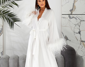 White Feather Robe, Long Satin Honeymoon Bridal Boudoir Gown