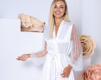 Long Silk Robe Boudoir Robe Christmas Gift  Valentine Day Gift For Her Bridal robe long Bride Robe for Wedding Day  White Bridal Robe