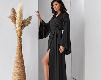 Black Kimono Robe, Long Silk Satin Bridal Gown