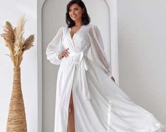 Lace Bridal Robe with Train, White Wedding Boudoir Gown