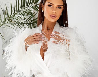 Feather Bridal Robe, White Satin Bride to Be Getting Ready Gift