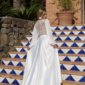 White Satin Bridal Robe with Lace Train, Wedding Day Outfit