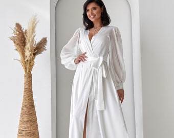 White bridal robe Long, Bridesmaid gift, Bride Bohemian dressing gown
