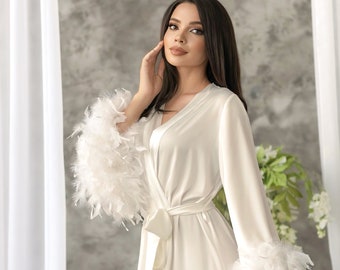 White Feather Bridal Robe, Long Satin Wedding Kimono Bride Gift