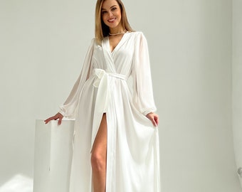 Long White Bridal Robe: Silk Satin Dressing Gown with Pearl Lace
