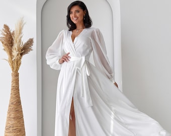 Getting Ready Robe, Long Bridal Robe White Satin Wedding Day