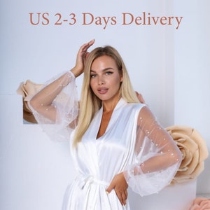 Bridal robe/Long bridal robe/Wedding robe/Womens Bridal robe with Pearls/Boudoir Robe for Bride/Wedding Outfit/Maxi Robe/Long silk robe