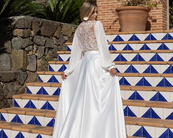Bata de novia de encaje con cola, bata larga blanca tipo kimono de boda
