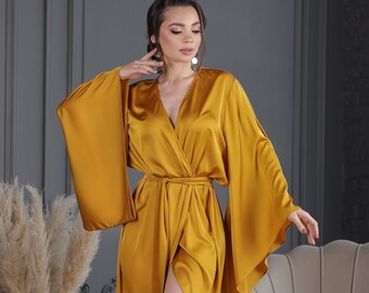 Marigold Silk Kimono Robe: Long Bridal Satin Dressing Gown