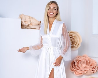 White Silk Bridal Robe with Pearl Lace Sleeves