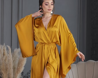 Gold Satin Kimono Robe, Long Wide Sleeve Boudoir Robe