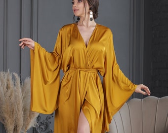 Kimono silk robe Long sleeve robe Silk  Kimono sleeves long robe Kimono dressing gown Maxi robe Bridal long robe Plus size robe Gold robe