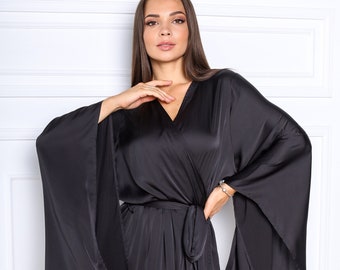 Black Satin Kimono Robe: Long Silky Dressing Gown - Etsy Black Satin Kimono Robe: Long Silky Dressing Gown - Etsy