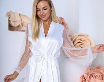 Wedding robe White bridal robe Ivory pearl tulle robe Long bridal robe Maxi bridal robe Wedding day robe Kimono robe Boudoir robe