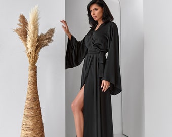 Black Silk Kimono Robe - Long Bridal Dressing Gown, Bridesmaid Robes