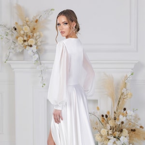 White Bridal Robe with Lace Train, Luxury Wedding Gown