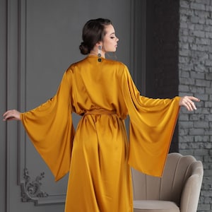 Kimono silk robe long/ Silk Kimono sleeves long robe/ Maxi robe/ Long sleeve robe/Long dressing gown/ Gold robe/ Bridal  robe/Plus size robe