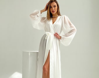 Long Silk Satin Bridal Robe with Lace Sleeves & Belt