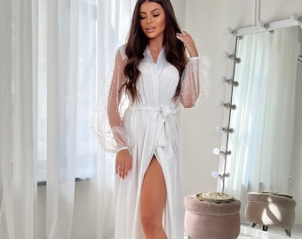 Bride Robe with Pearl Lace Sleeves, Long White Wedding Getting Ready Robe