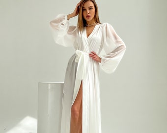 White Satin Bridal Robe with Lace Sleeves, Luxury Wedding Robe