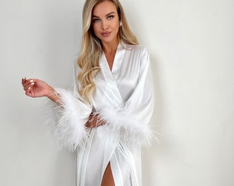 Long Silk Bridal Robe with Feathers, White Wedding Day Kimono