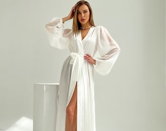 Luxury Bridal Robe: Long White Silk Satin Wedding Gown