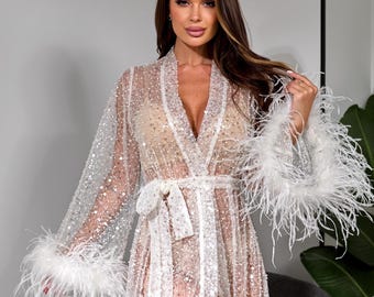 Feather Bridal Robe: Long Sheer White Lace Wedding Gown