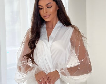White Bridal robe Long with Pearls, Maxi Wedding kimono for bride, Bridesmaid Gift