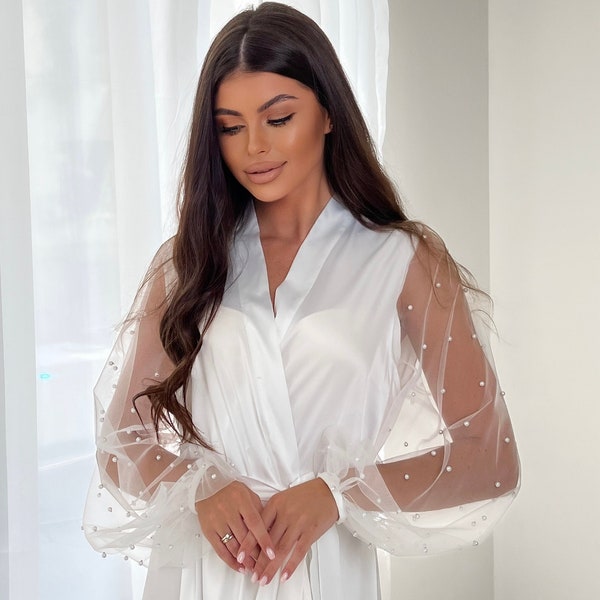 White Bridal Satin Robe with Pearl Sleeves, Wedding Day Robe