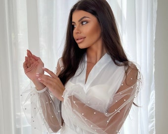 Pearl Sleeve Bridal Robe, Long White Satin Wedding Day Kimono